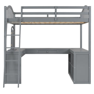 HomeRoots Gray Slat Wood Full Loft Bed with Integrated Desk, Shelves & Storage for Stylish Space Saving Solutions 606590