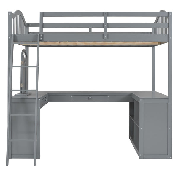 HomeRoots Gray Slat Wood Full Loft Bed with Integrated Desk, Shelves & Storage for Stylish Space Saving Solutions 606590