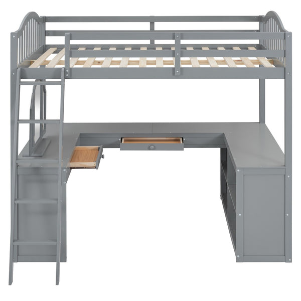 HomeRoots Gray Slat Wood Full Loft Bed with Integrated Desk, Shelves & Storage for Stylish Space Saving Solutions 606590