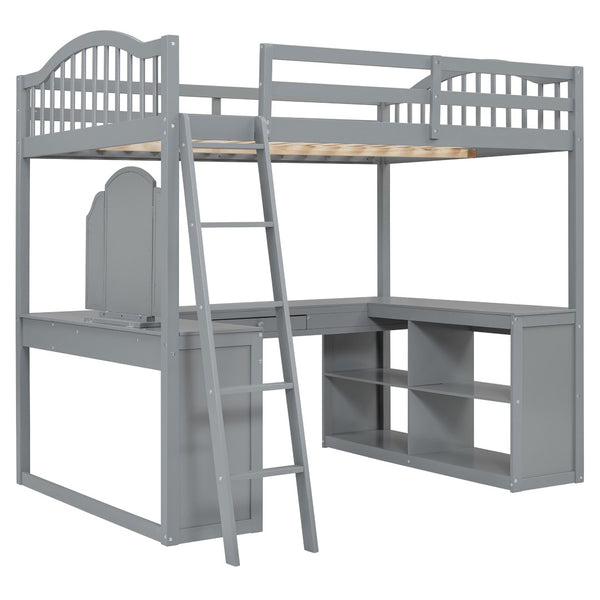 HomeRoots Gray Slat Wood Full Loft Bed with Integrated Desk, Shelves & Storage for Stylish Space Saving Solutions 606590