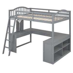 HomeRoots Gray Slat Wood Full Loft Bed with Integrated Desk, Shelves & Storage for Stylish Space Saving Solutions 606590