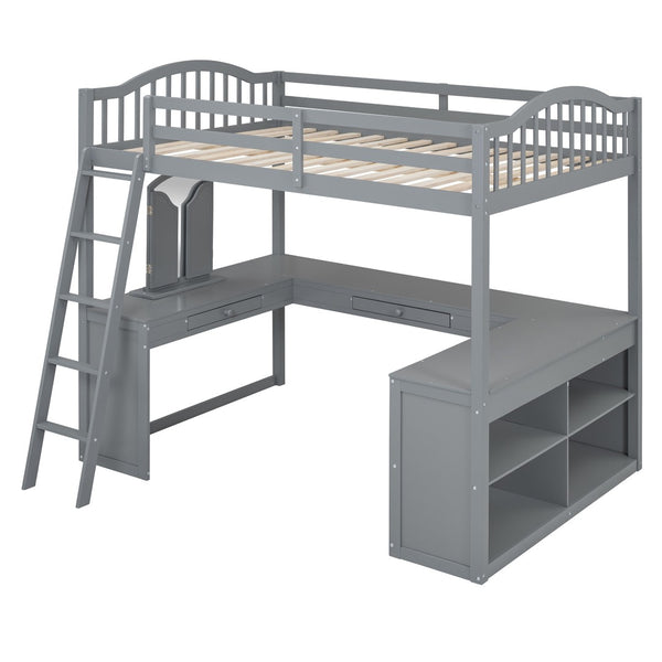 HomeRoots Gray Slat Wood Full Loft Bed with Integrated Desk, Shelves & Storage for Stylish Space Saving Solutions 606590
