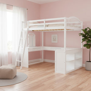 HomeRoots White Slat Wood Full Double Loft Bed with Integrated Desk & Shelves - Space-Saving Solution for All 606591