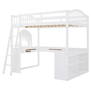 HomeRoots White Slat Wood Full Double Loft Bed with Integrated Desk & Shelves - Space-Saving Solution for All 606591