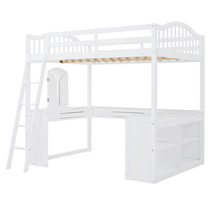HomeRoots White Slat Wood Full Double Loft Bed with Integrated Desk & Shelves - Space-Saving Solution for All 606591