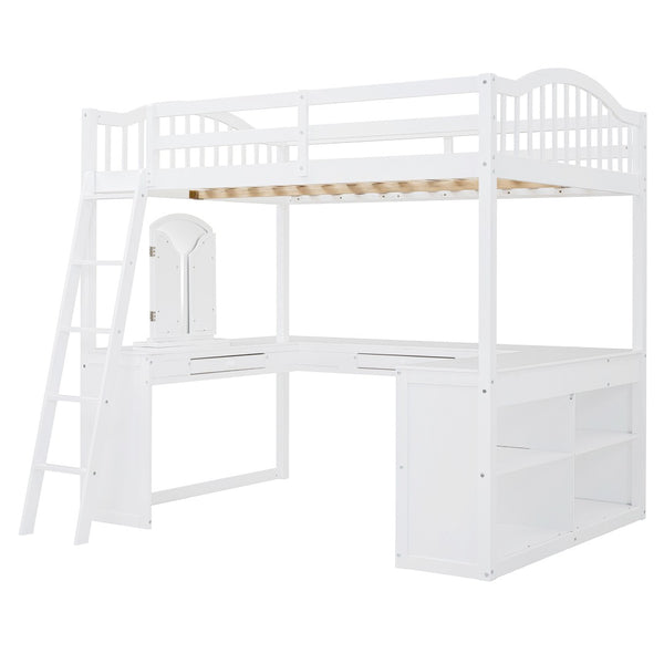 HomeRoots White Slat Wood Full Double Loft Bed with Integrated Desk & Shelves - Space-Saving Solution for All 606591