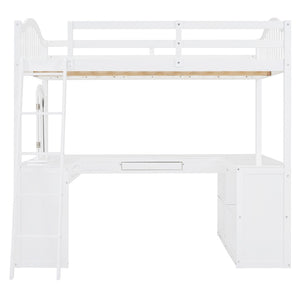HomeRoots White Slat Wood Full Double Loft Bed with Integrated Desk & Shelves - Space-Saving Solution for All 606591