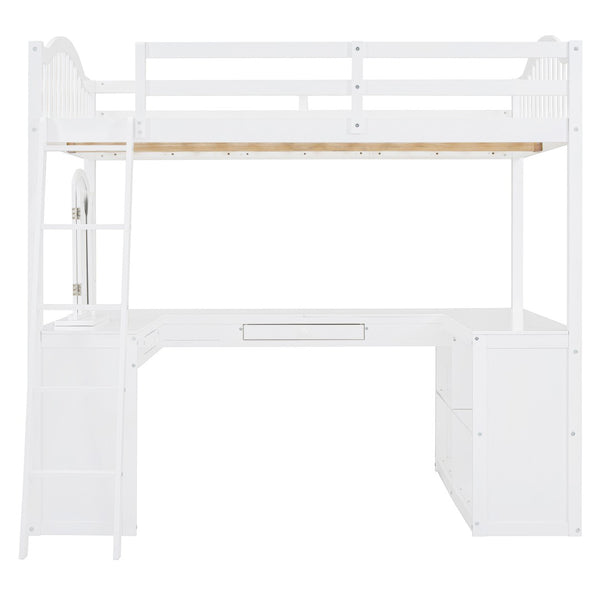 HomeRoots White Slat Wood Full Double Loft Bed with Integrated Desk & Shelves - Space-Saving Solution for All 606591