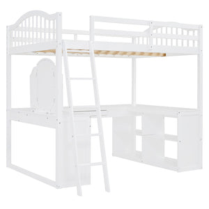 HomeRoots White Slat Wood Full Double Loft Bed with Integrated Desk & Shelves - Space-Saving Solution for All 606591