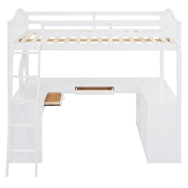 HomeRoots White Slat Wood Full Double Loft Bed with Integrated Desk & Shelves - Space-Saving Solution for All 606591