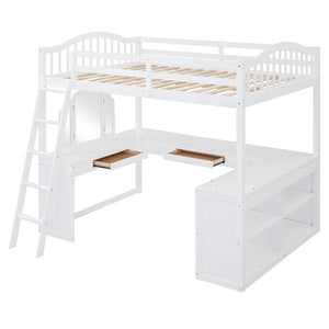 HomeRoots White Slat Wood Full Double Loft Bed with Integrated Desk & Shelves - Space-Saving Solution for All 606591