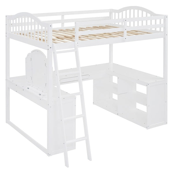 HomeRoots White Slat Wood Full Double Loft Bed with Integrated Desk & Shelves - Space-Saving Solution for All 606591
