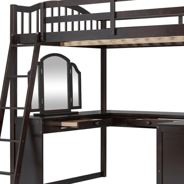 HomeRoots Espresso Slat Wood Full Double Loft Bed with Integrated Desk & Sleek Storage Shelves for Style 606592
