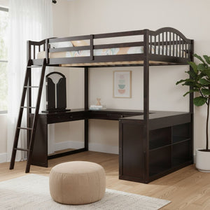HomeRoots Espresso Slat Wood Full Double Loft Bed with Integrated Desk & Sleek Storage Shelves for Style 606592