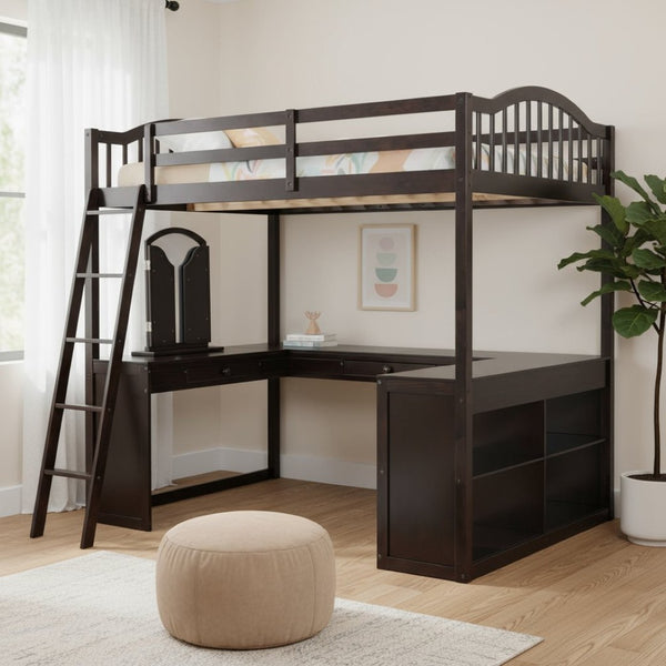 HomeRoots Espresso Slat Wood Full Double Loft Bed with Integrated Desk & Sleek Storage Shelves for Style 606592