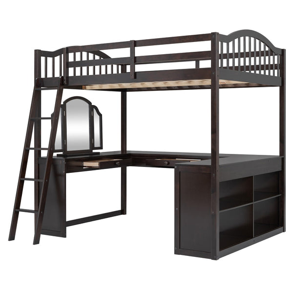 HomeRoots Espresso Slat Wood Full Double Loft Bed with Integrated Desk & Sleek Storage Shelves for Style 606592