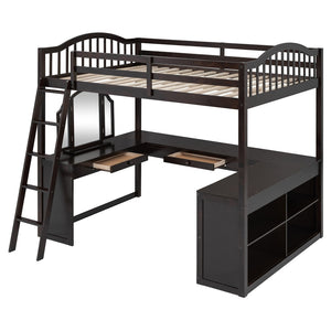 HomeRoots Espresso Slat Wood Full Double Loft Bed with Integrated Desk & Sleek Storage Shelves for Style 606592