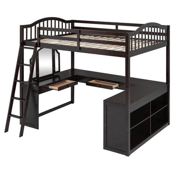 HomeRoots Espresso Slat Wood Full Double Loft Bed with Integrated Desk & Sleek Storage Shelves for Style 606592
