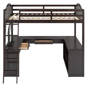HomeRoots Espresso Slat Wood Full Double Loft Bed with Integrated Desk & Sleek Storage Shelves for Style 606592