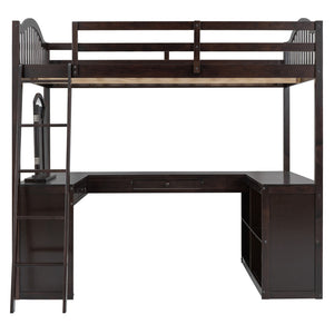 HomeRoots Espresso Slat Wood Full Double Loft Bed with Integrated Desk & Sleek Storage Shelves for Style 606592