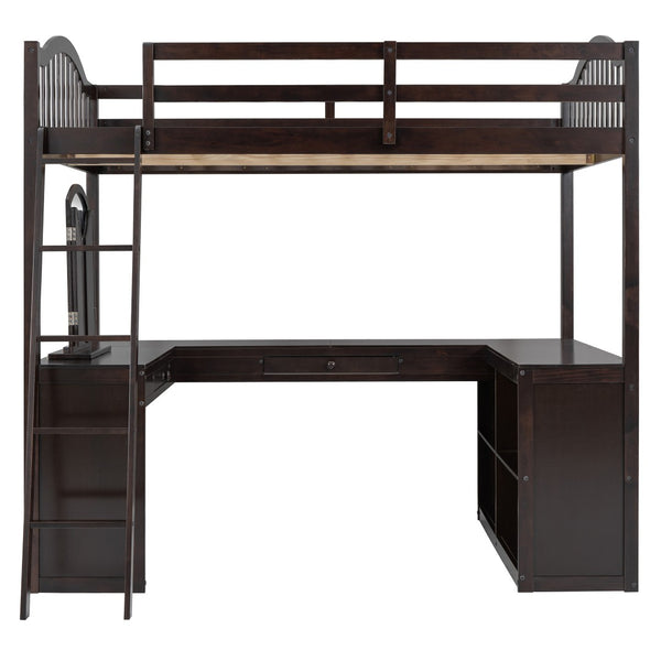 HomeRoots Espresso Slat Wood Full Double Loft Bed with Integrated Desk & Sleek Storage Shelves for Style 606592