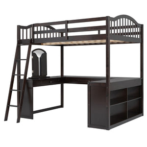 HomeRoots Espresso Slat Wood Full Double Loft Bed with Integrated Desk & Sleek Storage Shelves for Style 606592