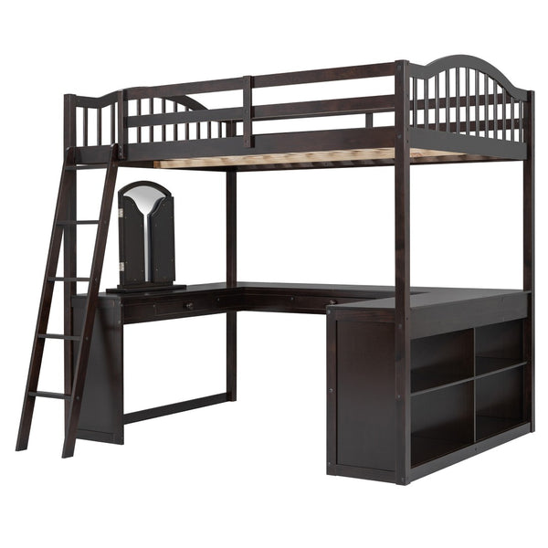 HomeRoots Espresso Slat Wood Full Double Loft Bed with Integrated Desk & Sleek Storage Shelves for Style 606592