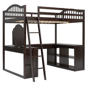 HomeRoots Espresso Slat Wood Full Double Loft Bed with Integrated Desk & Sleek Storage Shelves for Style 606592