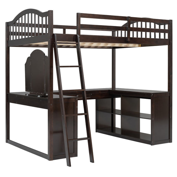 HomeRoots Espresso Slat Wood Full Double Loft Bed with Integrated Desk & Sleek Storage Shelves for Style 606592