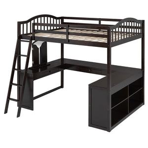 HomeRoots Espresso Slat Wood Full Double Loft Bed with Integrated Desk & Sleek Storage Shelves for Style 606592