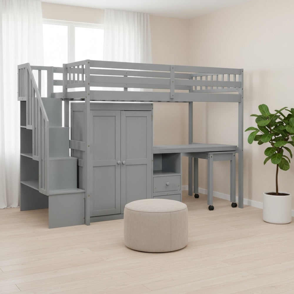 HomeRoots Gray Slat Wood Twin Loft Bed with Integrated Desk, Stairs, and Under-Bed Storage Drawers for Kids 606593