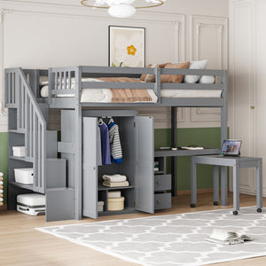 HomeRoots Gray Slat Wood Twin Loft Bed with Integrated Desk, Stairs, and Under-Bed Storage Drawers for Kids 606593