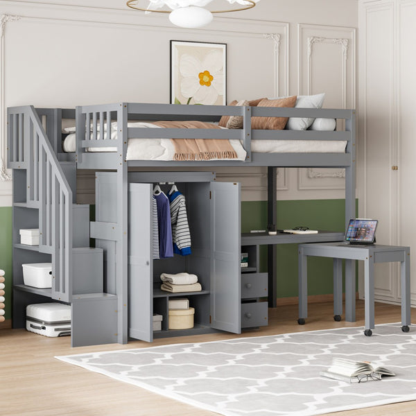 HomeRoots Gray Slat Wood Twin Loft Bed with Integrated Desk, Stairs, and Under-Bed Storage Drawers for Kids 606593
