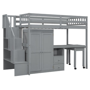 HomeRoots Gray Slat Wood Twin Loft Bed with Integrated Desk, Stairs, and Under-Bed Storage Drawers for Kids 606593