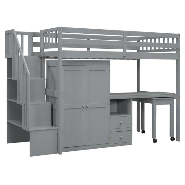 HomeRoots Gray Slat Wood Twin Loft Bed with Integrated Desk, Stairs, and Under-Bed Storage Drawers for Kids 606593