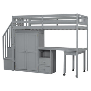 HomeRoots Gray Slat Wood Twin Loft Bed with Integrated Desk, Stairs, and Under-Bed Storage Drawers for Kids 606593