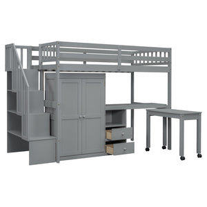 HomeRoots Gray Slat Wood Twin Loft Bed with Integrated Desk, Stairs, and Under-Bed Storage Drawers for Kids 606593