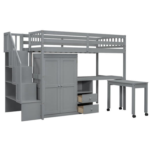 HomeRoots Gray Slat Wood Twin Loft Bed with Integrated Desk, Stairs, and Under-Bed Storage Drawers for Kids 606593