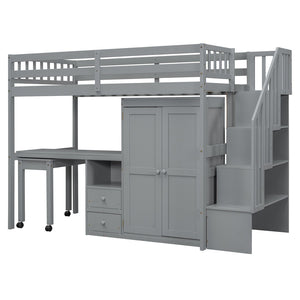 HomeRoots Gray Slat Wood Twin Loft Bed with Integrated Desk, Stairs, and Under-Bed Storage Drawers for Kids 606593