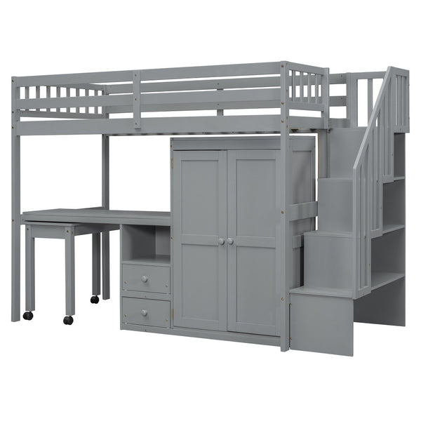 HomeRoots Gray Slat Wood Twin Loft Bed with Integrated Desk, Stairs, and Under-Bed Storage Drawers for Kids 606593