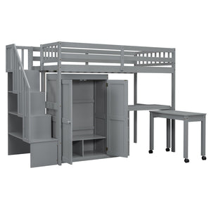 HomeRoots Gray Slat Wood Twin Loft Bed with Integrated Desk, Stairs, and Under-Bed Storage Drawers for Kids 606593
