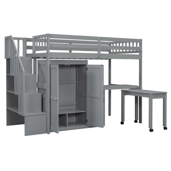 HomeRoots Gray Slat Wood Twin Loft Bed with Integrated Desk, Stairs, and Under-Bed Storage Drawers for Kids 606593