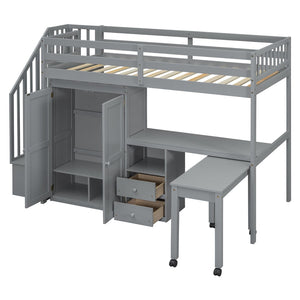 HomeRoots Gray Slat Wood Twin Loft Bed with Integrated Desk, Stairs, and Under-Bed Storage Drawers for Kids 606593