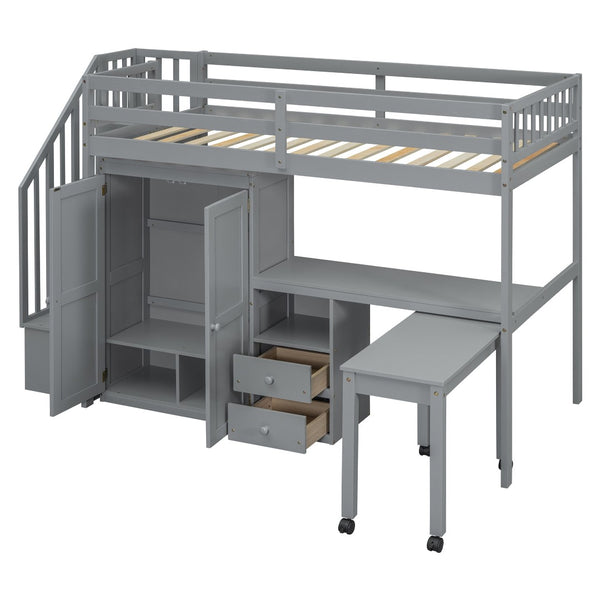 HomeRoots Gray Slat Wood Twin Loft Bed with Integrated Desk, Stairs, and Under-Bed Storage Drawers for Kids 606593