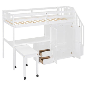 HomeRoots White Slat Wood Twin Loft Bed with Built-In Desk, Stairs, Drawers for Ultimate Space-Saving Style 606594