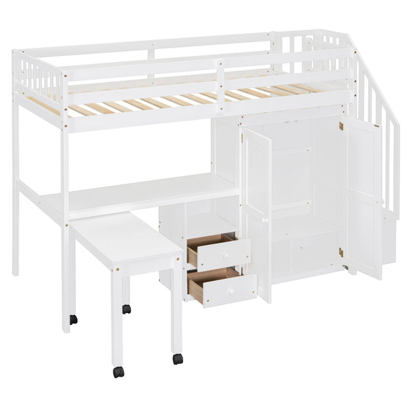 HomeRoots White Slat Wood Twin Loft Bed with Built-In Desk, Stairs, Drawers for Ultimate Space-Saving Style 606594