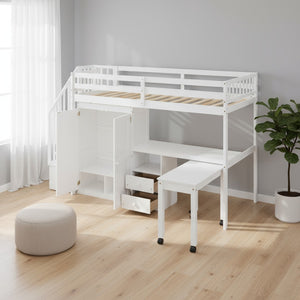 HomeRoots White Slat Wood Twin Loft Bed with Built-In Desk, Stairs, Drawers for Ultimate Space-Saving Style 606594
