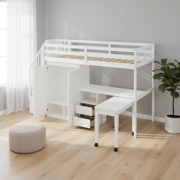 HomeRoots White Slat Wood Twin Loft Bed with Built-In Desk, Stairs, Drawers for Ultimate Space-Saving Style 606594