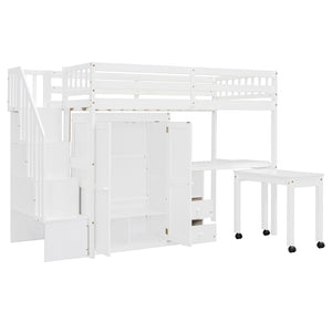 HomeRoots White Slat Wood Twin Loft Bed with Built-In Desk, Stairs, Drawers for Ultimate Space-Saving Style 606594