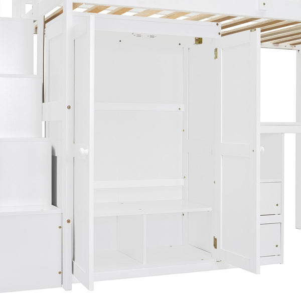 HomeRoots White Slat Wood Twin Loft Bed with Built-In Desk, Stairs, Drawers for Ultimate Space-Saving Style 606594
